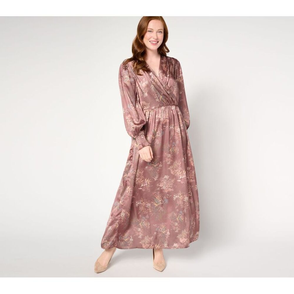 Floral Wrap-Front Mauve Maxi Dress with Long Sleeves